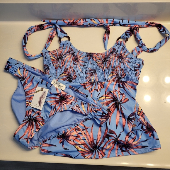 JESSICA SIMPSON  Smocked Tankini Swim Top & Matching Bikini Bottom Botanical XL - Picture 13 of 16